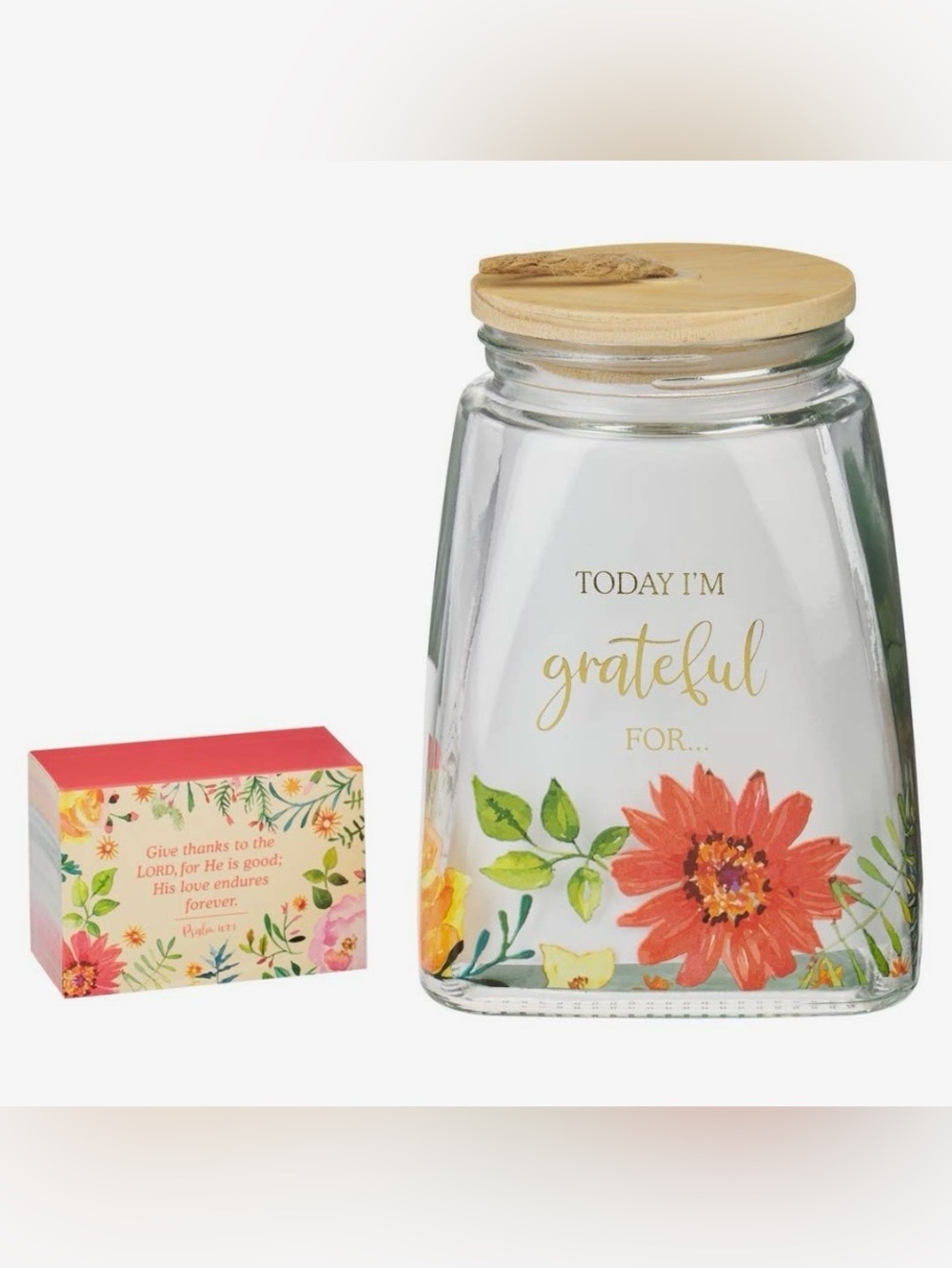 1260.  Today I’m Grateful Floral Glass Jar with Bamboo Lid and Grateful Cards